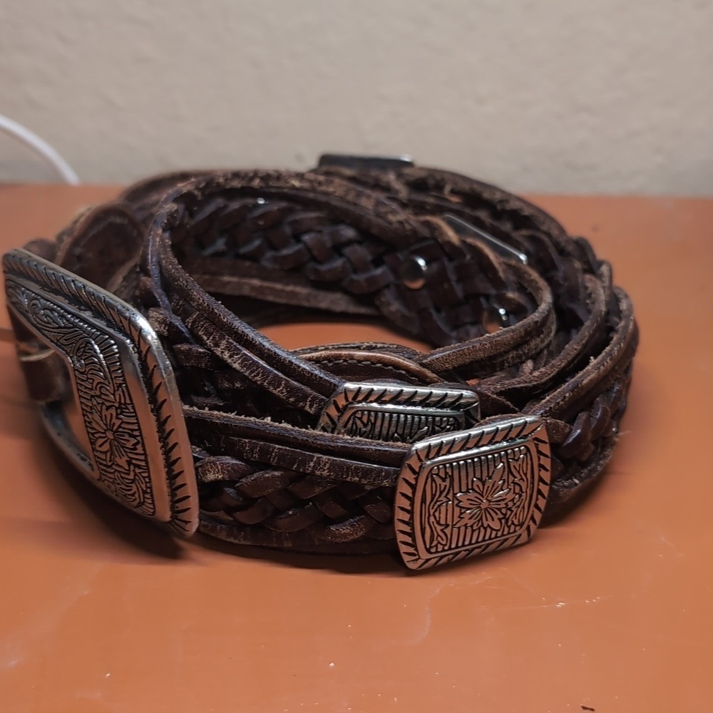 Vintage Brown Braided Western Belt With Silver Accents